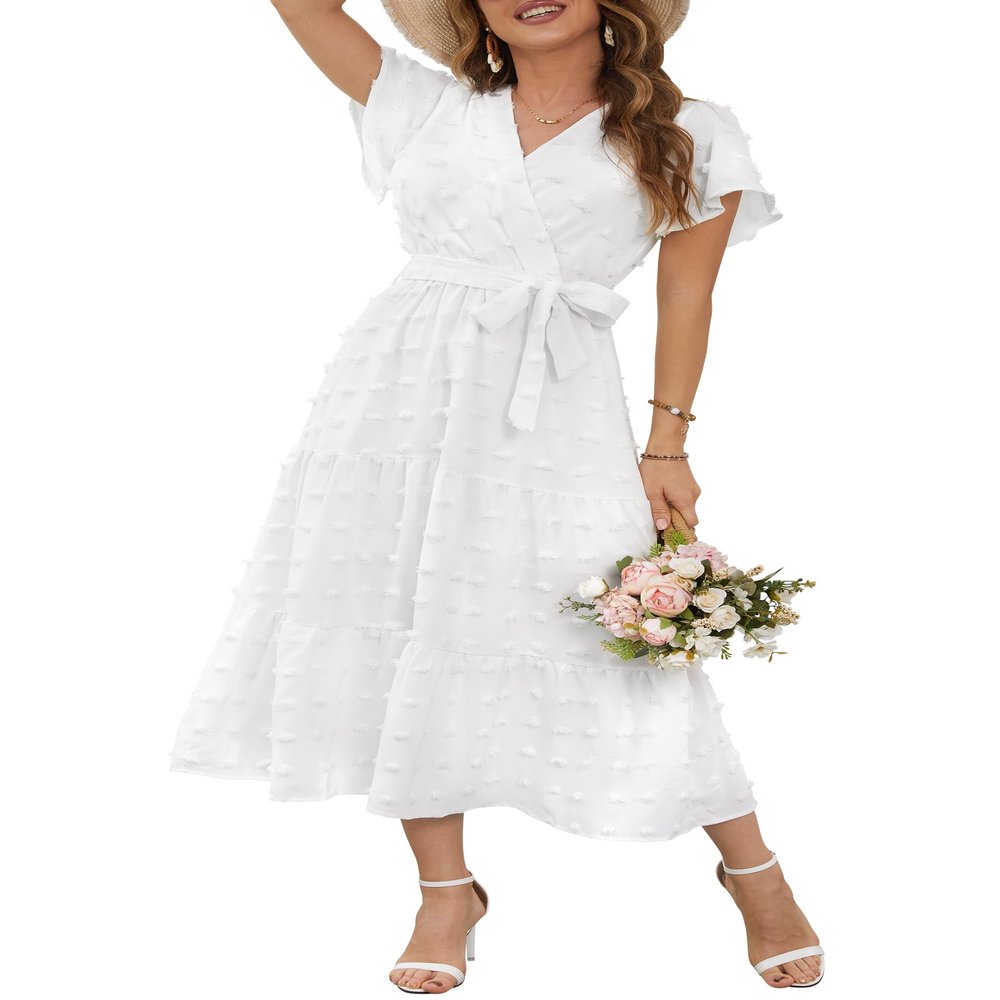Aovenlia Summer Womens Dress 2024 Casual V Neck Boho Maxi Dress Swiss Dot Short Sleeve Ruffle Tiered Smocked A Line Dresses White, Medium