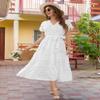 Aovenlia Summer Womens Dress 2024 Casual V Neck Boho Maxi Dress Swiss Dot Short Sleeve Ruffle Tiered Smocked A Line Dresses White, Medium view 2