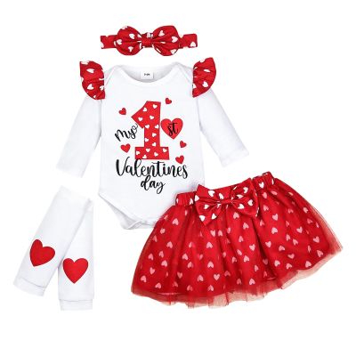 Aenbilo 9-12 Month Girl Clothes Spring Outfits Baby Ruffle Romper Love Heart Print Tutu Skirt Headband Leg Warmers 4 Pcs Set 9-12 Months