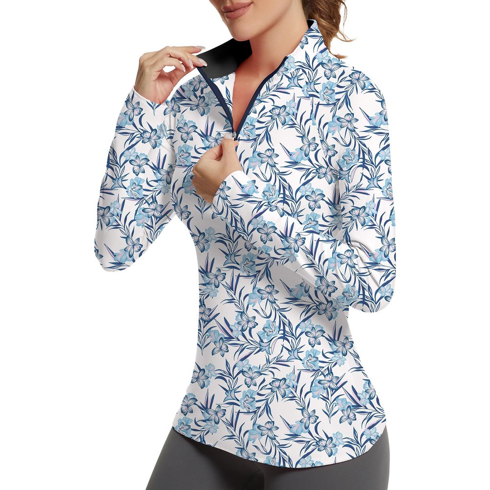 GGOV Golf Shirts for Woman UPF 50+ Sun Protection Quick Dry Lightweight Long Sleeve Polo Shirts for Woman Rash Guard White Flower