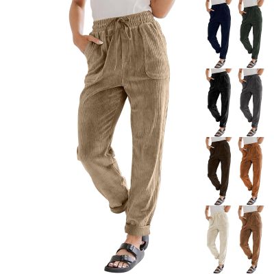 Vintage Corduroy Pants Women Elastic High Waist Straight Wide Leg Pants Fall Winter Lounge Pants Baggy Spring Work Trousers w/Pocket