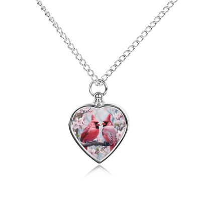 Cardinal Birds Floral Urn Necklace for Ashes Personalized Cremation Jewelry Pet Heart Pendant for Men Women
