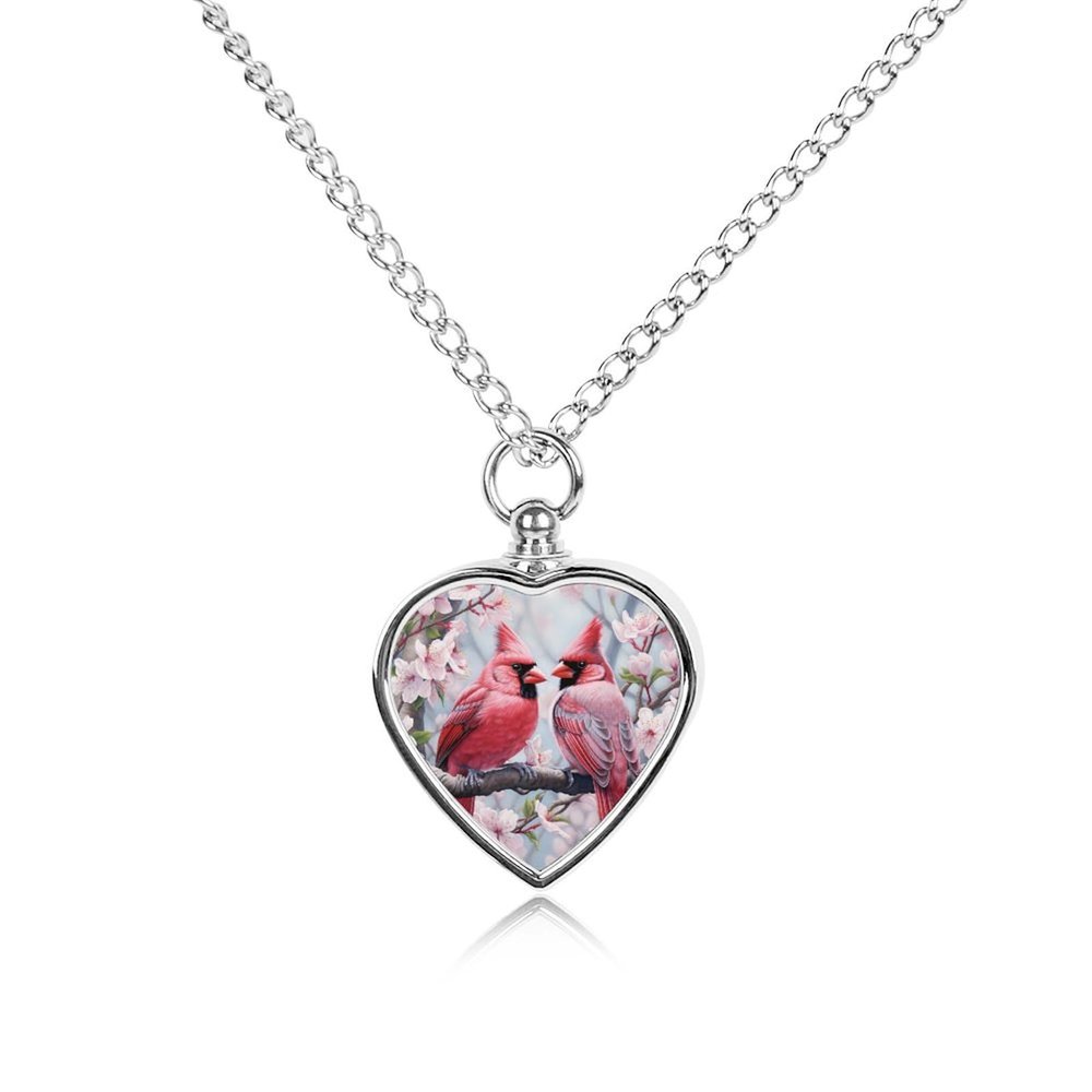Cardinal Birds Floral Urn Necklace for Ashes Personalized Cremation Jewelry Pet Heart Pendant for Men Women