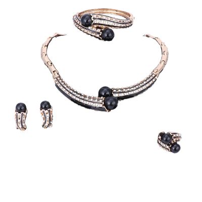 OEOEOS Women's Wedding Bridal Crystal Pearl Statement Necklace Earrings Bracelet Ring Party Jewelry Set for Bridal Bridesmaid (Black)