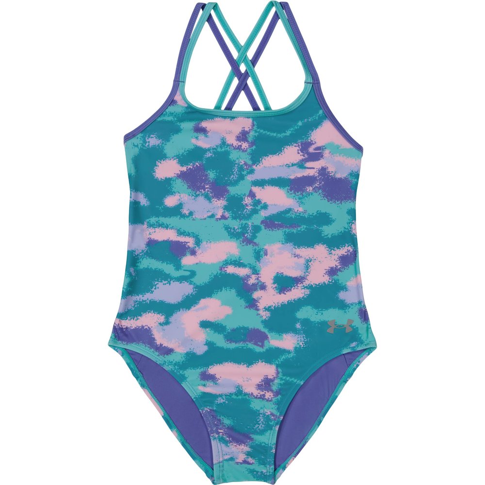 Under Armour Girls' One Piece Swimsuit, UPF 50+ Sun Protection, Quick Drying Bathing Suit, Turquoise Camo, 10