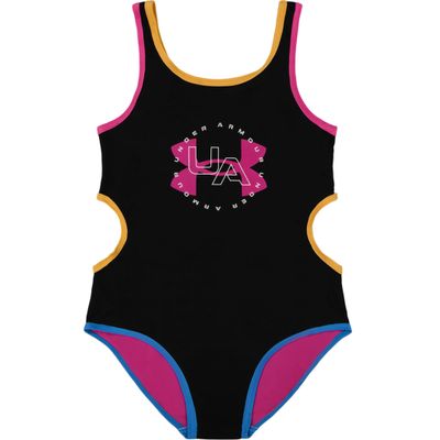 Under Armour Girls' One Piece Swimsuit, UPF 50+ Sun Protection, Quick Drying Bathing Suit, Black Core Block, 6