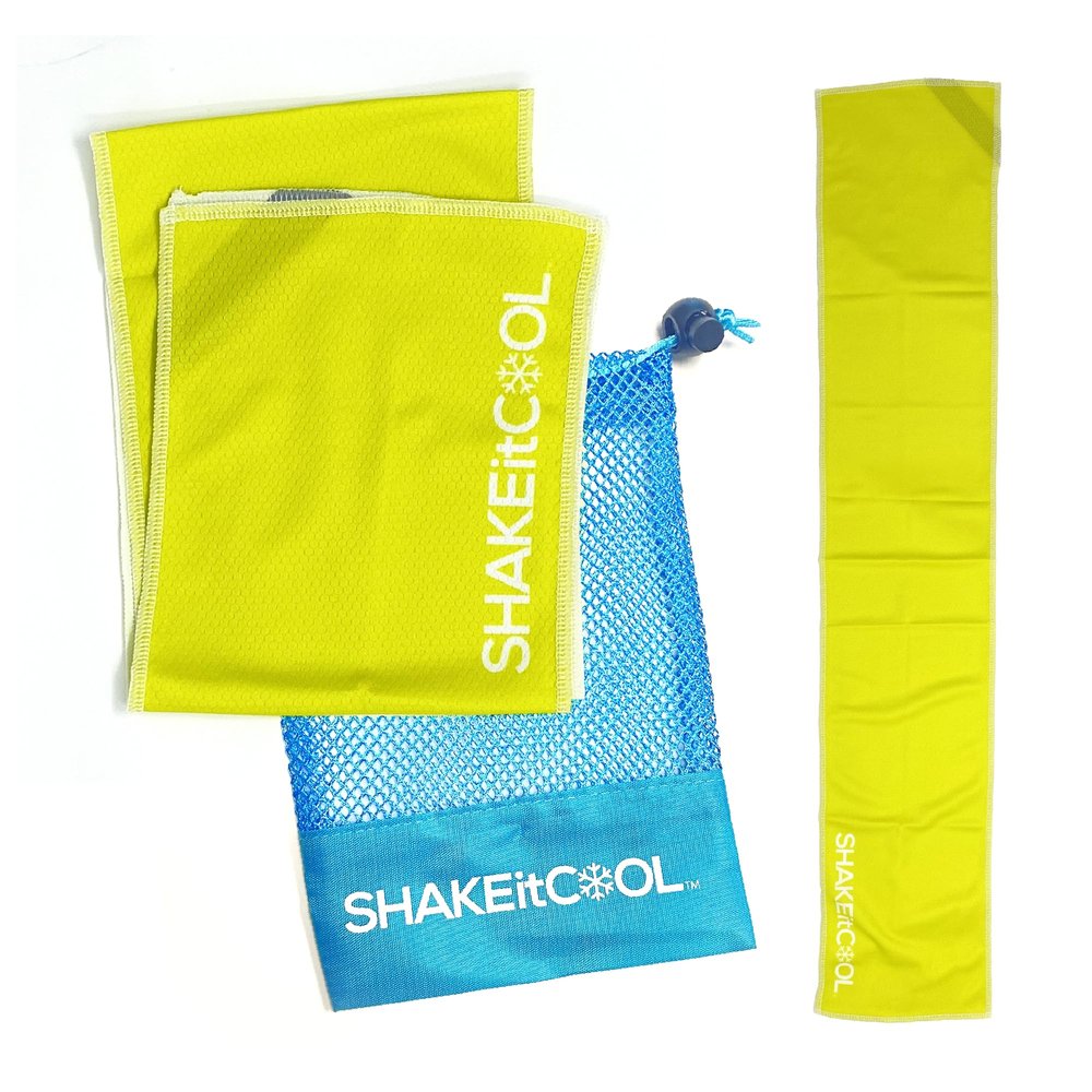 SHAKEitCOOL Original Cooling Towel  Be Cool in Style - Heat Relief, Soft, Lightweight, Sun Protection, Easy Clean - Perfect for Biking, Running, Yoga, Gym, Gardening - Safety Yellow