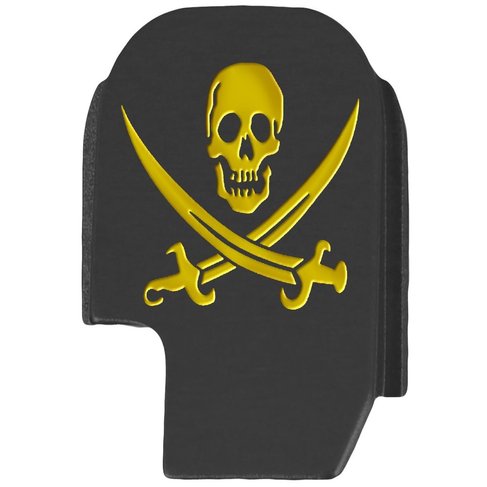 NDZ Performance Slide Cover Back Plate for Sig P365 P365X P365 XL P365 X Macro 9mm .380, Black Aluminum with Light Gold Laser Engraved Skull Images - Skull Jolly Roger 2