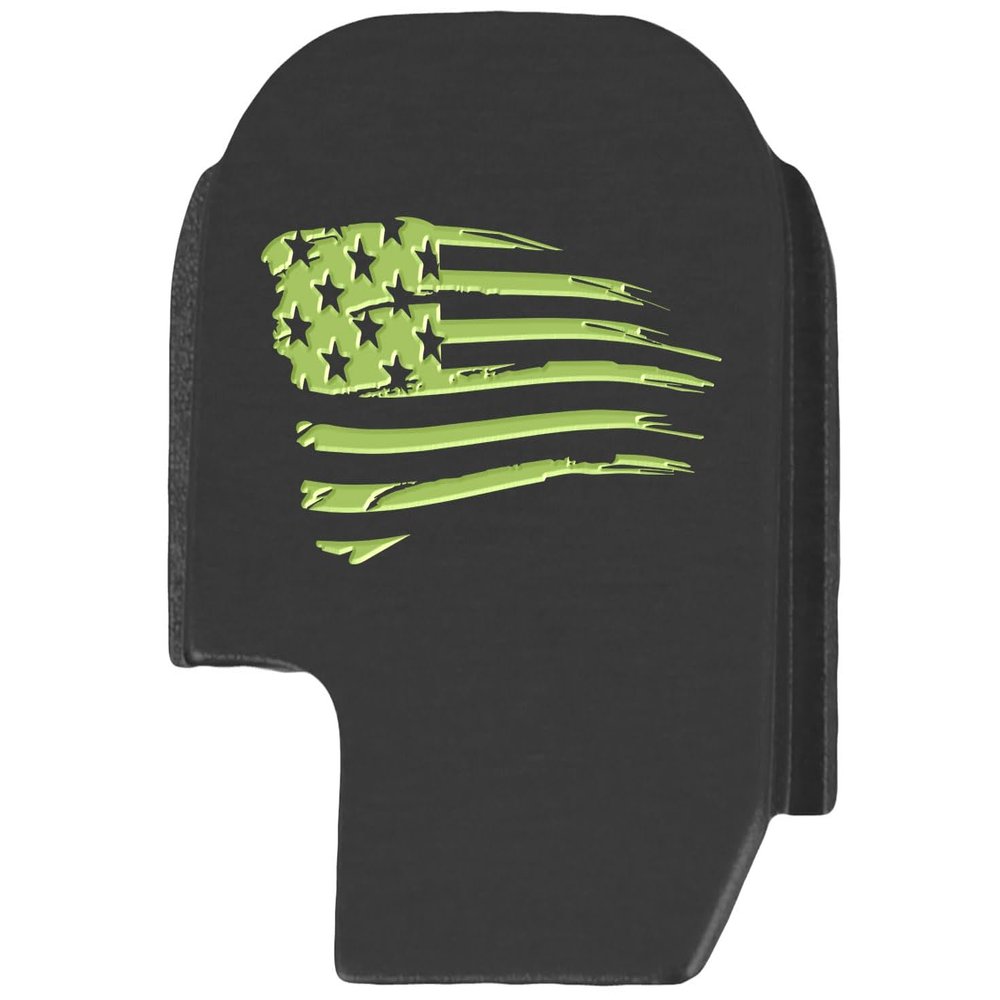 NDZ Performance Slide Cover Back Plate for Sig P365 P365X P365 XL P365 X Macro 9mm .380, Black Aluminum with Light Green Laser Engraved US Flag Patriotic Images - US Flag Tattered