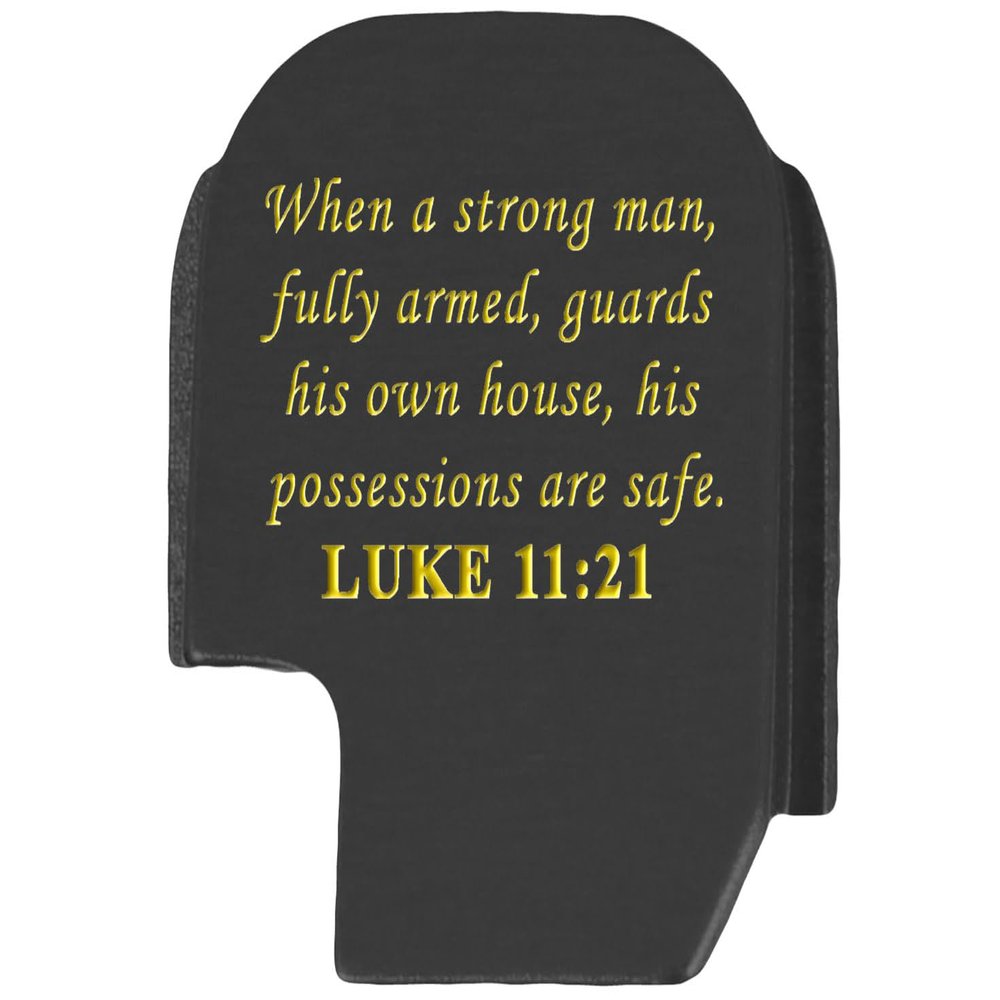NDZ Performance Slide Cover Back Plate for Sig P365 P365X P365 XL P365 X Macro 9mm .380, Black Aluminum with Light Gold Laser Engraved Spiritual Images - Bible Luke 11:21