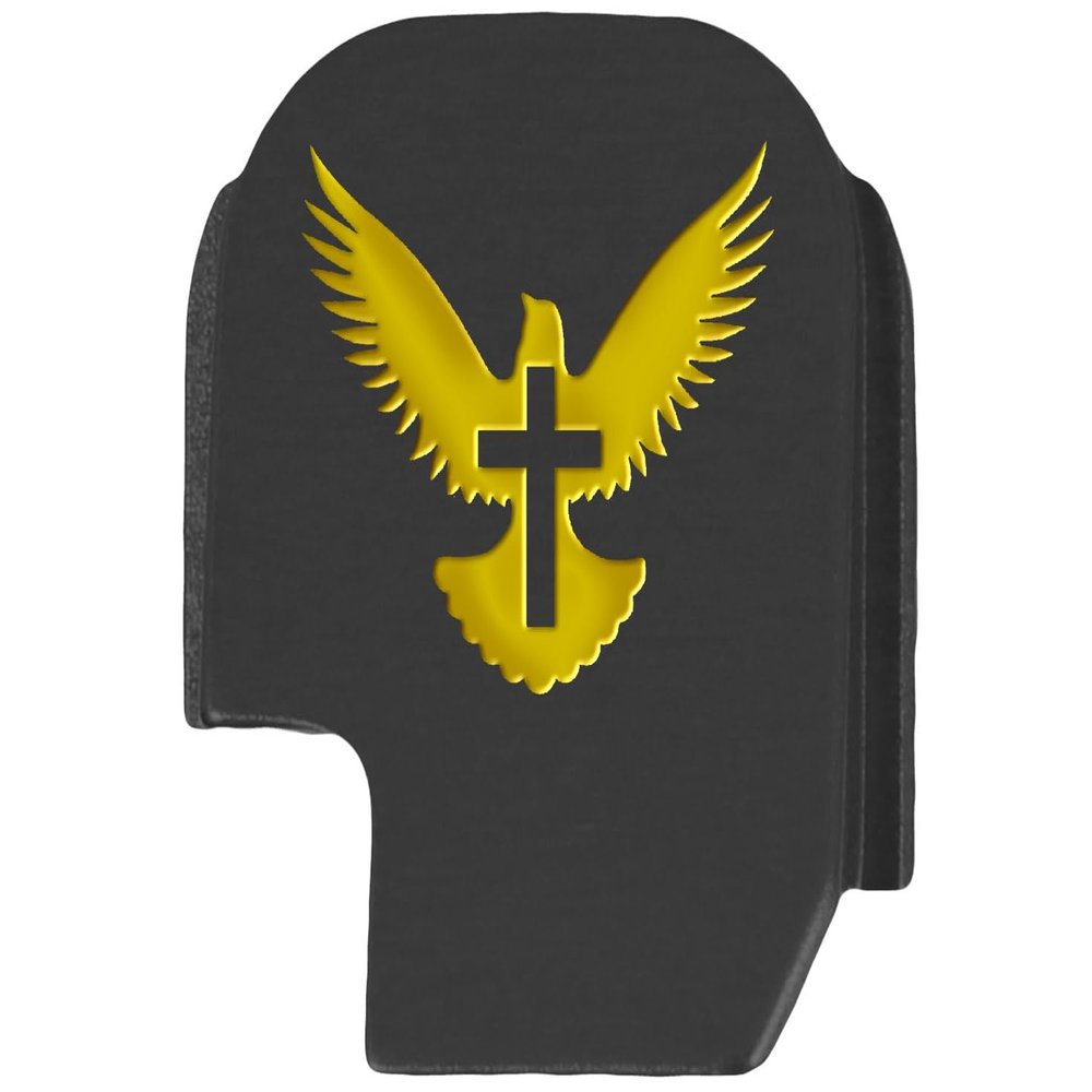 NDZ Performance Slide Cover Back Plate for Sig P365 P365X P365 XL P365 X Macro 9mm .380, Black Aluminum with Light Gold Laser Engraved Spiritual Images - Bible Dove Cross