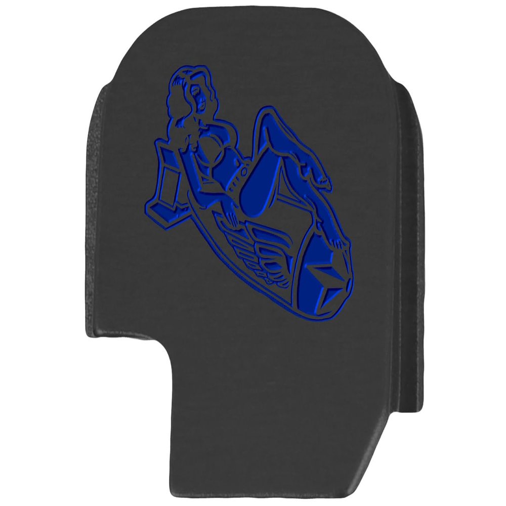 NDZ Performance Slide Cover Back Plate for Sig P365 P365X P365 XL P365 X Macro 9mm .380, Black Aluminum with Dark Blue Laser Engraved Popular Images - Bomb Pinup Girl 1