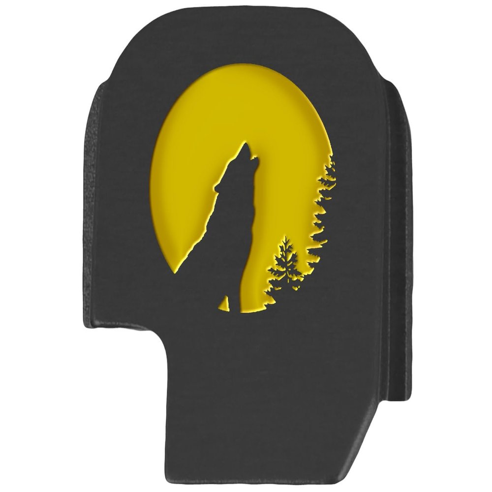 NDZ Performance Slide Cover Back Plate for Sig P365 P365X P365 XL P365 X Macro 9mm .380, Black Aluminum with Light Gold Laser Engraved Nature Images - Wolf Moon 3