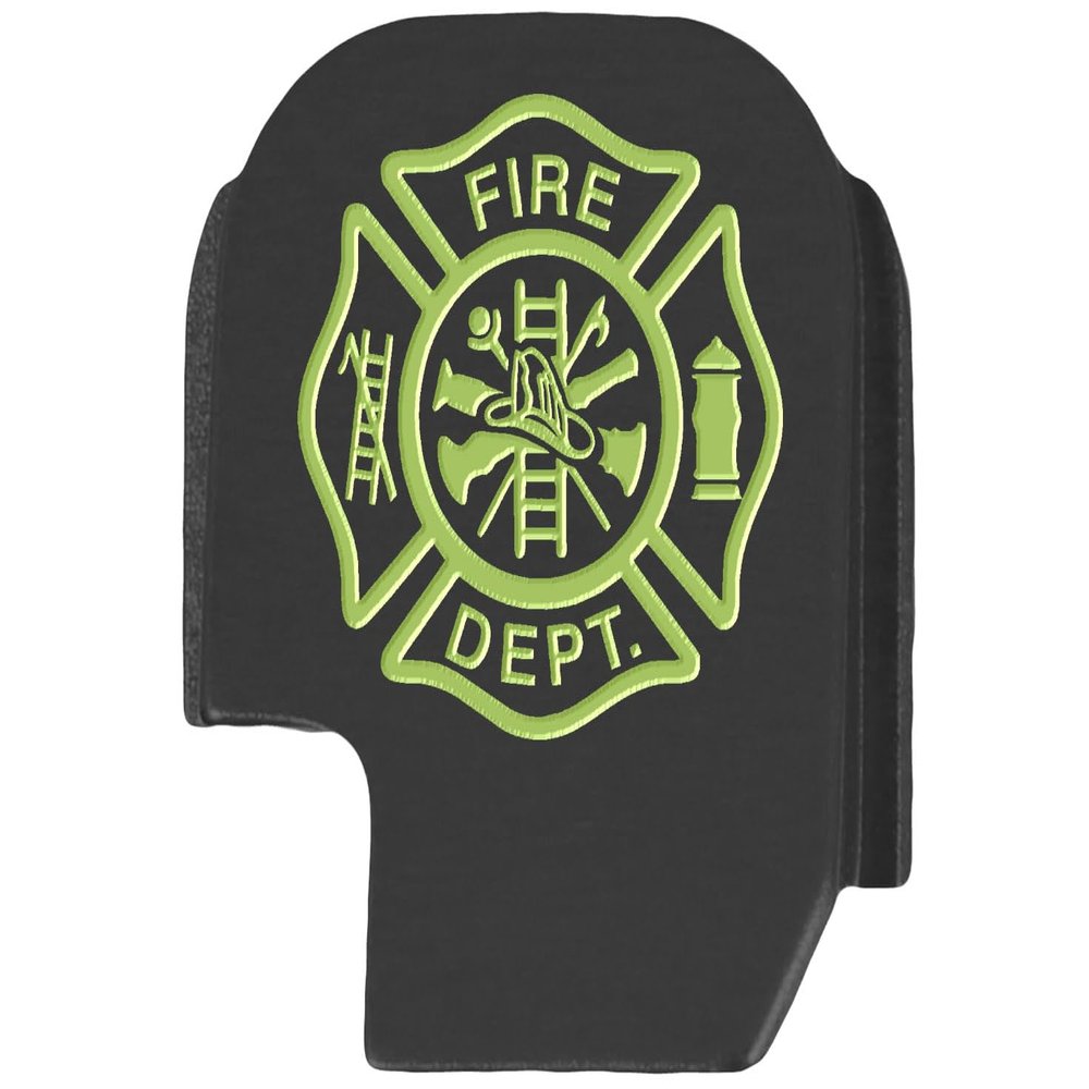 NDZ Performance Slide Cover Back Plate for Sig P365 P365X P365 XL P365 X Macro 9mm .380, Black Aluminum with Light Green Laser Engraved Patriotic Images - Fire Department Emblem