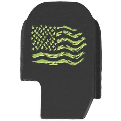 NDZ Performance Slide Cover Back Plate for Sig P365 P365X P365 XL P365 X Macro 9mm .380, Black Aluminum with Light Green Laser Engraved US Flag Patriotic Images - Distressed Flag