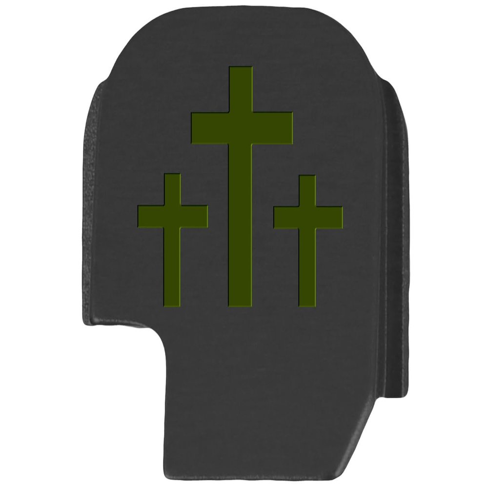 NDZ Performance Slide Cover Back Plate for Sig P365 P365X P365 XL P365 X Macro 9mm .380, Black Aluminum with Olive Drab Green Laser Engraved Spiritual Images - 3 Crosses