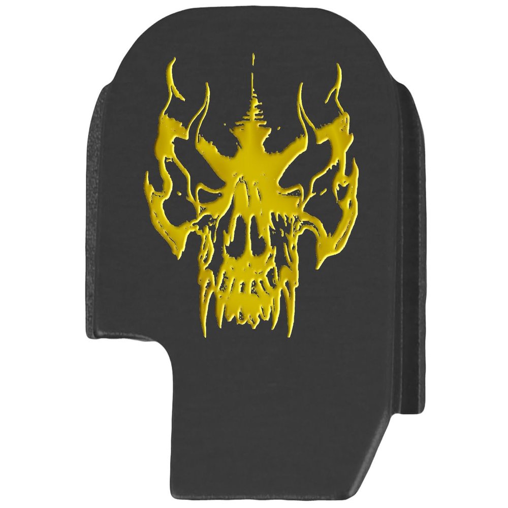 NDZ Performance Slide Cover Back Plate for Sig P365 P365X P365 XL P365 X Macro 9mm .380, Black Aluminum with Light Gold Laser Engraved Skull Images - Skull Tattoo 1
