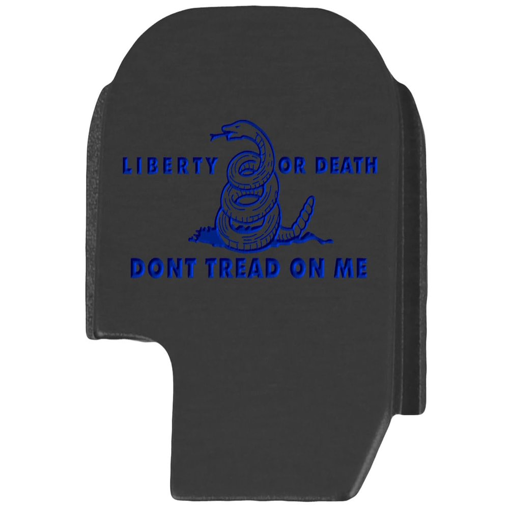 NDZ Performance Slide Cover Back Plate for Sig P365 P365X P365 XL P365 X Macro 9mm .380, Black Aluminum with Dark Blue Laser Engraved Patriotic Images - Don't Tread On Me Liberty and Death