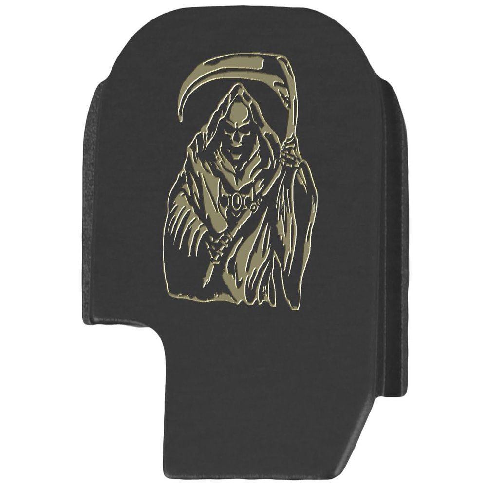 NDZ Performance Slide Cover Back Plate for Sig P365 P365X P365 XL P365 X Macro 9mm .380, Black Aluminum with Flat Dark Earth Laser Engraved Skull Images - Grim Reaper 1