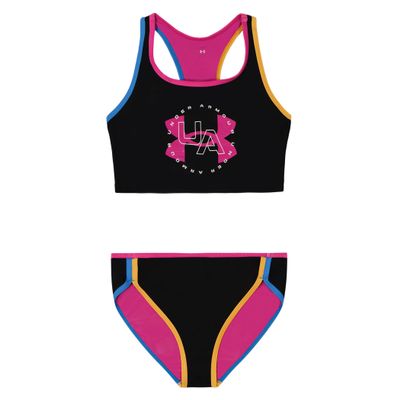 Under Armour Girls' Two Piece Bikini Swimsuit, UPF 50+ Sun Protection, Quick Drying Bathing Suit, Black Midkini, 10