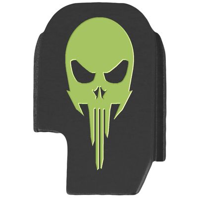 NDZ Performance Slide Cover Back Plate for Sig P365 P365X P365 XL P365 X Macro 9mm .380, Black Aluminum with Light Green Laser Engraved Skull Images - NDZ Skull 1