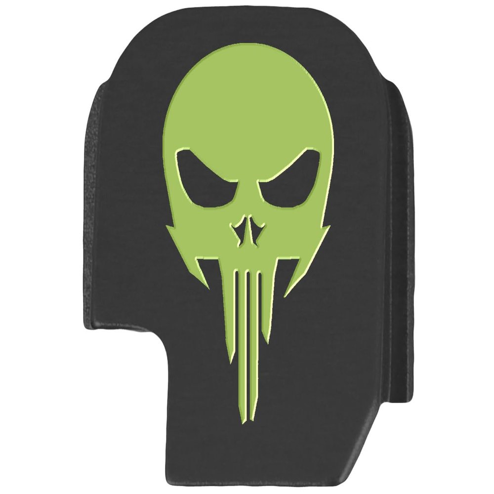NDZ Performance Slide Cover Back Plate for Sig P365 P365X P365 XL P365 X Macro 9mm .380, Black Aluminum with Light Green Laser Engraved Skull Images - NDZ Skull 1