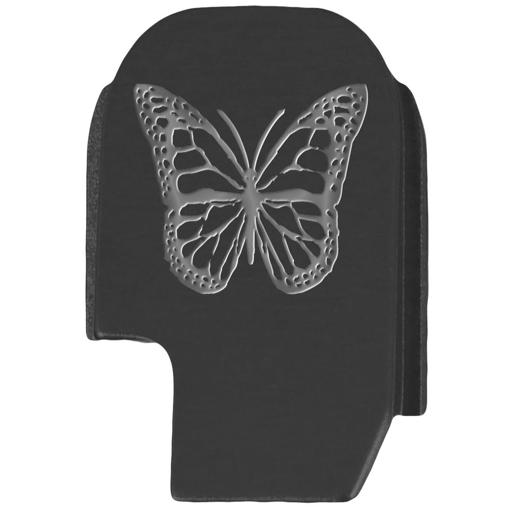 NDZ Performance Slide Cover Back Plate for Sig P365 P365X P365 XL P365 X Macro 9mm .380, Black Aluminum with Silver Laser Engraved Nature Images - Butterfly