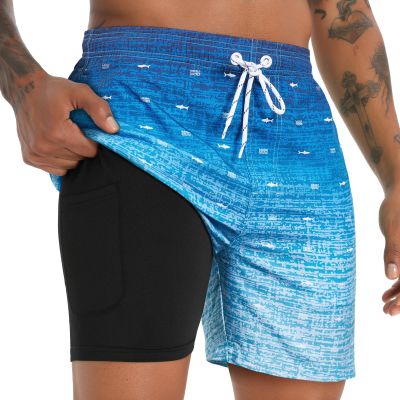 zeetoo Mens Swim Trunks with Compression Liner 5.5" Inseam Quick Dry Swim Shorts Gradient-Fish-Blue 2XL