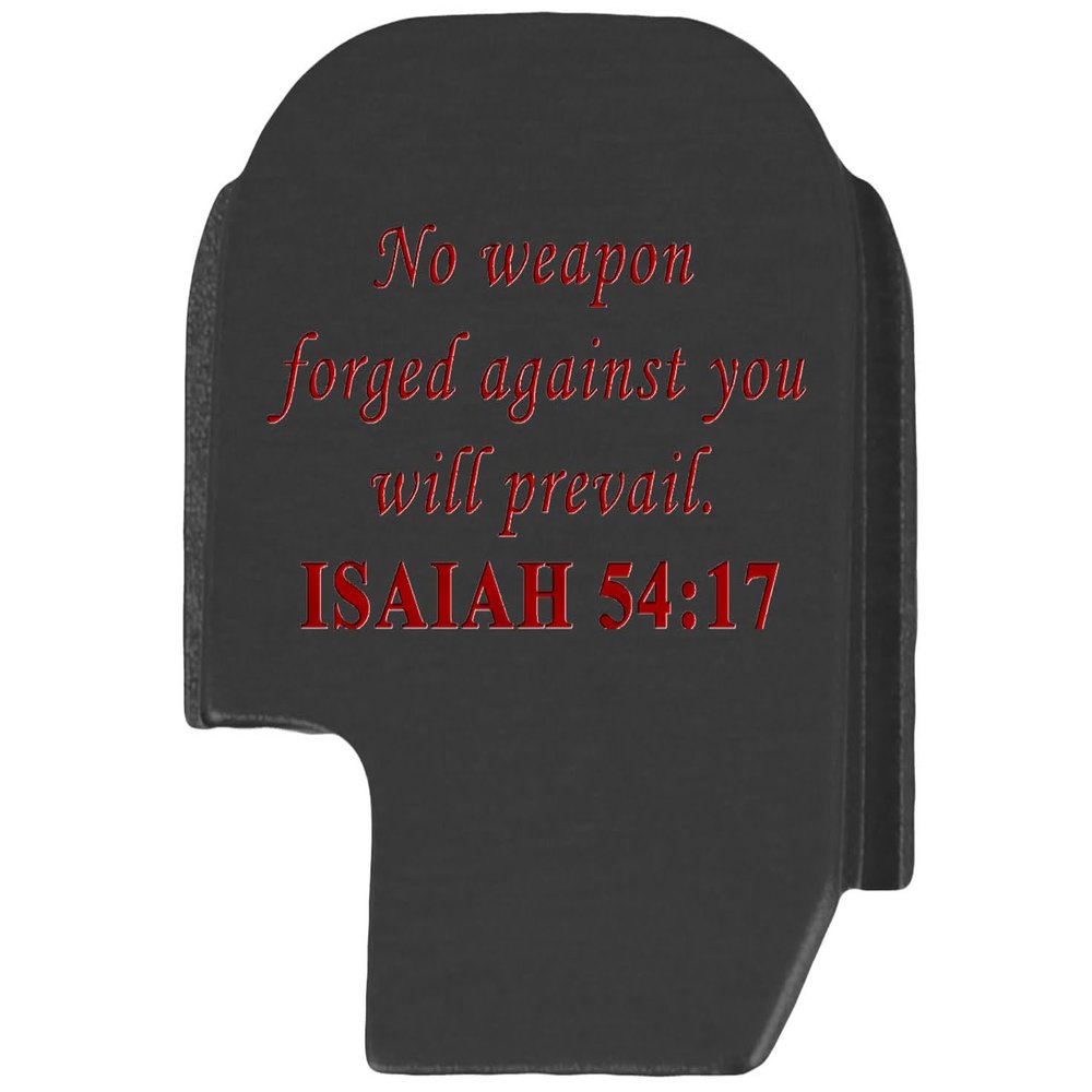 NDZ Performance Slide Cover Back Plate for Sig P365 P365X P365 XL P365 X Macro 9mm .380, Black Aluminum with Red Laser Engraved Spiritual Images - Bible Isaiah 54:17