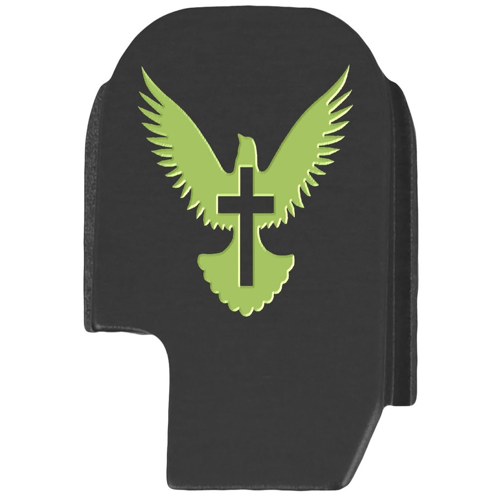 NDZ Performance Slide Cover Back Plate for Sig P365 P365X P365 XL P365 X Macro 9mm .380, Black Aluminum with Light Green Laser Engraved Spiritual Images - Bible Dove Cross