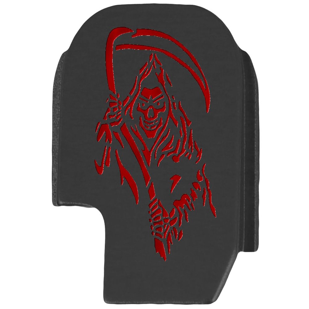 NDZ Performance Slide Cover Back Plate for Sig P365 P365X P365 XL P365 X Macro 9mm .380, Black Aluminum with Red Laser Engraved Skull Images - Grim Reaper 2