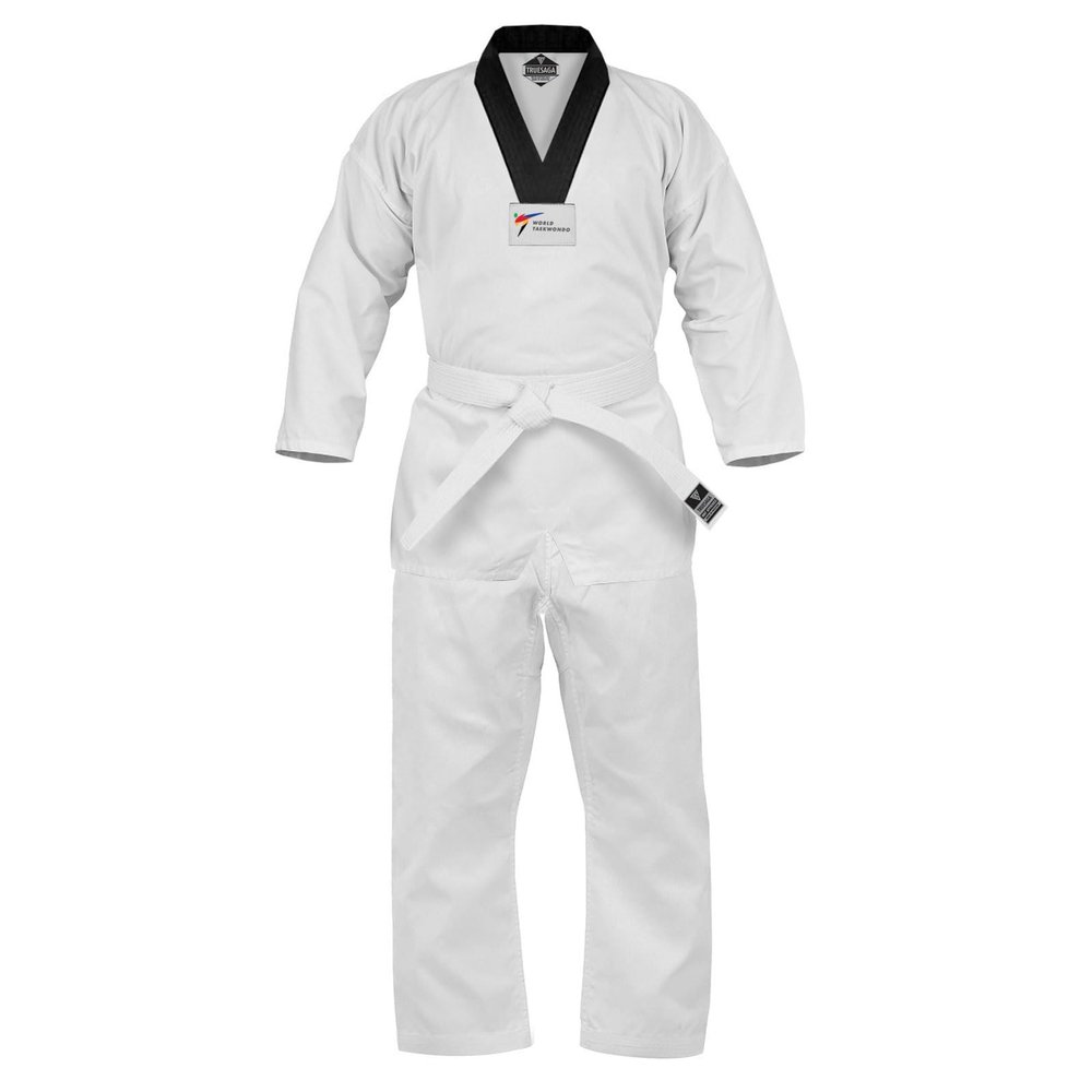 TRUESAGA - Regular Taekwondo Gi Pull Over Uniform 8 Oz Cotton-Poly Light Weight Plain No Logo (White With Black Trim, 1)