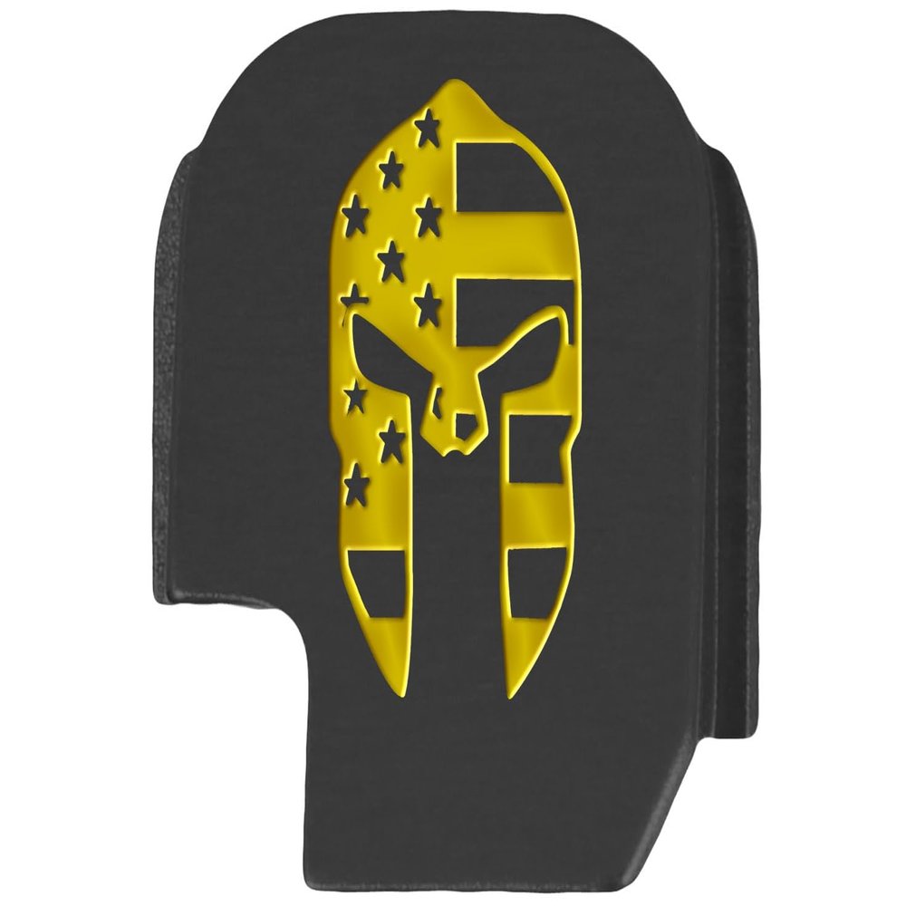 NDZ Performance Slide Cover Back Plate for Sig P365 P365X P365 XL P365 X Macro 9mm .380, Black Aluminum with Light Gold Laser Engraved Patriotic Images - Spartan Helmet Us Flag
