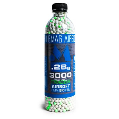 BlueMag Airsoft Biodegradable 6mm PREMIX Tracer Airsoft BBS .28g 3000ct - for All 6mm Airsoft Guns - Ultra Bright Tracer Rounds Mixed with White BBS - 1:4 Mix Ratio for Military Simulation