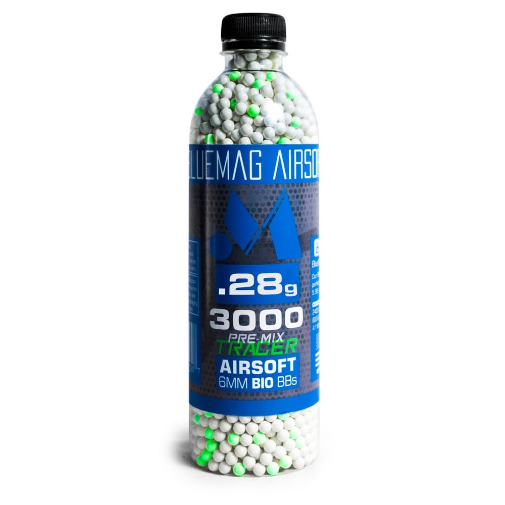 BlueMag Airsoft Biodegradable 6mm PREMIX Tracer Airsoft BBS .28g 3000ct - for All 6mm Airsoft Guns - Ultra Bright Tracer Rounds Mixed with White BBS - 1:4 Mix Ratio for Military Simulation