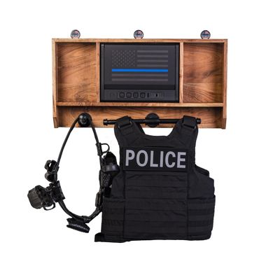 Guard The Line Police Gear Rack with Quick Access Safe - American Flag Tactical Gear Rack - Law Enforcement Vest and Duty Belt Holder - Police Wall Rack Organizer (Natural Wood - Thin Blue Line)