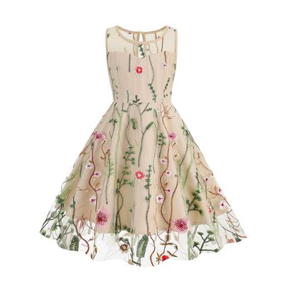 Floral Embroidery Tulle Dress for Girls Vintage Sleeveless Mesh Embroidery Floral Dress Spring Tea Party Swing Dresses Wedding Birthday Party Prom Tulle Dress Apricot 9-10 Years