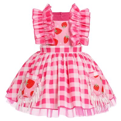 Baby Girls Strawberry Outfit Toddler Kids My 1st Birthday Party Dress Cake Smash Photo Shooting Ruffle Sleeve A-line Plaid Skirt Formal Party Pageant Summer Holiday Sundress Pink Plaid 3-4T