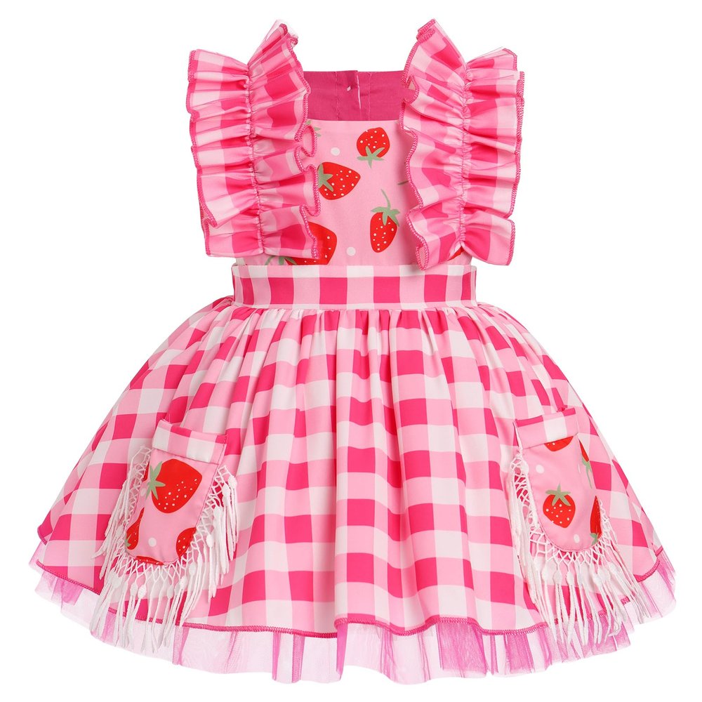 Baby Girls Strawberry Outfit Toddler Kids My 1st Birthday Party Dress Cake Smash Photo Shooting Ruffle Sleeve A-line Plaid Skirt Formal Party Pageant Summer Holiday Sundress Pink Plaid 3-4T