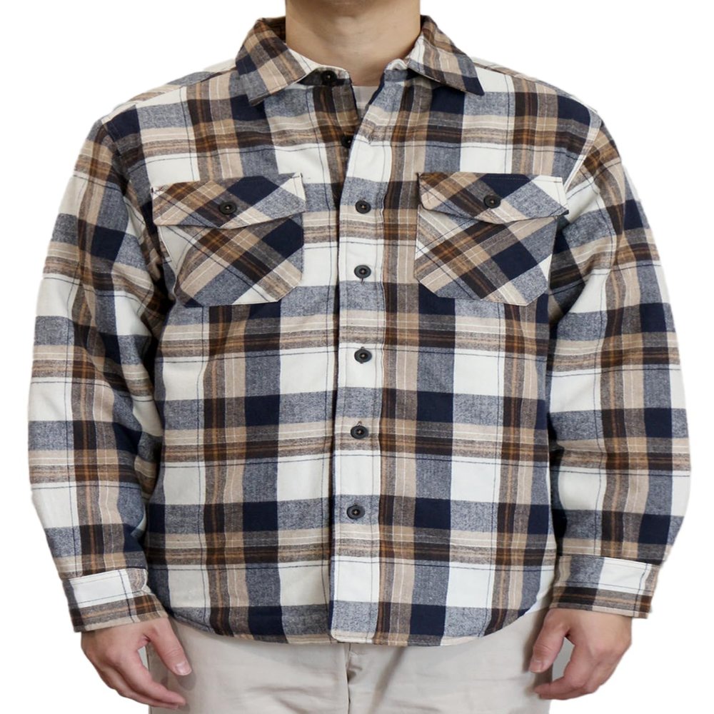 AIRNINE Men's Heavy Weight Quilted Lined Plaid Flannel Shirt Jacket (S to 5XL) (Ecru/Grey_1128, 2X-Large)