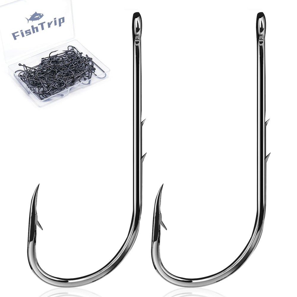 FishTrip Baitholder Fishing Hooks, 100 Pack Bait Holder Hook Double Barbed Offset Long Shank Live Bait Fish Hooks Saltwater Freshwater for Bluegill Bass Trout Walleye 6#