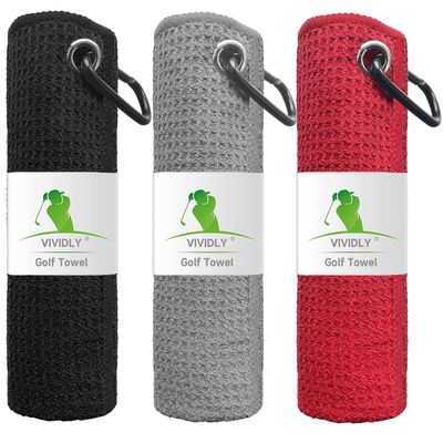 VIVIDLY 3 Pack Golf Towels (16" X 16"), Microfiber Waffle Pattern Golf Towel with Carabiner Clip, Suitable for Men's Golf Gifts (Black/Grey/Red)