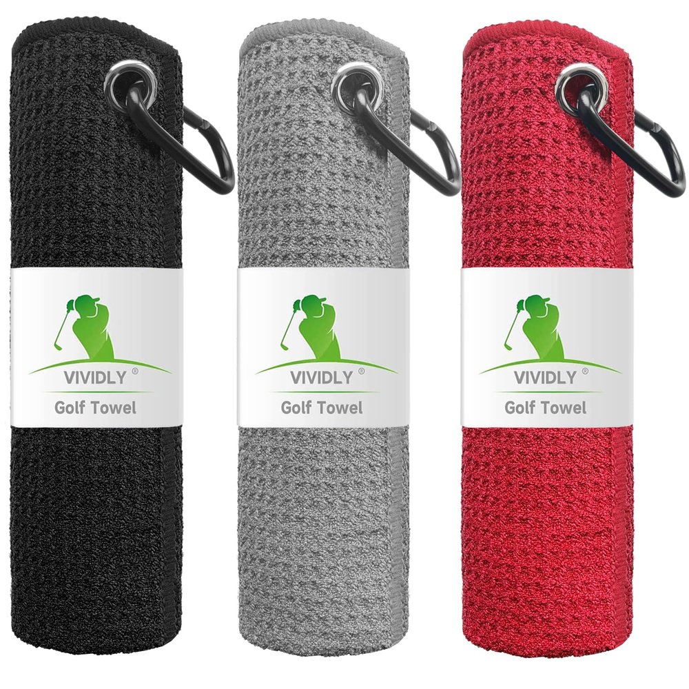 VIVIDLY 3 Pack Golf Towels (16" X 16"), Microfiber Waffle Pattern Golf Towel with Carabiner Clip, Suitable for Men's Golf Gifts (Black/Grey/Red)