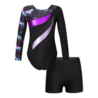 TSSOE Kids Girls 2Pcs Long Sleeve Gymnastics Dance Outfit Leotard with Shorts Biketard Unitard Tracksuit J01 14 Years