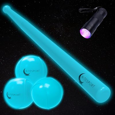 NiteSport Glow in The Dark Plastic Baseball Bat w/ 3 Glow in The Dark Plastic Baseballs Bundle UV Flashlight Included (Aquamarine)