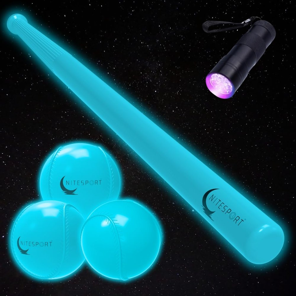 NiteSport Glow in The Dark Plastic Baseball Bat w/ 3 Glow in The Dark Plastic Baseballs Bundle UV Flashlight Included (Aquamarine)