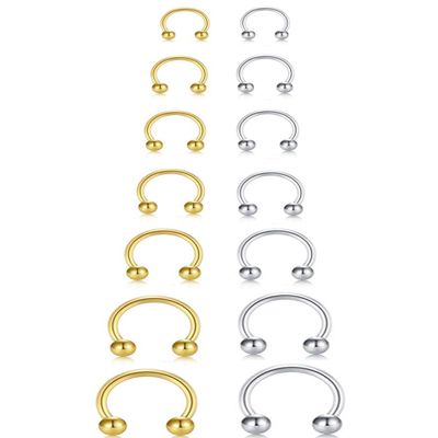 16G Gold Silver Horseshoe Small Septum Rings Circular Curved Barbell Nose Nipple Nostril Piercing Hoop Smiley Piercing Jewelry Set, Pack of 7 Pairs (16 Gauge, 6mm 7mm 8mm 9mm 10mm 12mm 14mm)