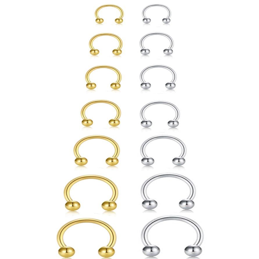 16G Gold Silver Horseshoe Small Septum Rings Circular Curved Barbell Nose Nipple Nostril Piercing Hoop Smiley Piercing Jewelry Set, Pack of 7 Pairs (16 Gauge, 6mm 7mm 8mm 9mm 10mm 12mm 14mm)
