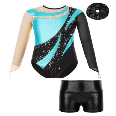 Aislor Kids Girls Shiny Rhinestone Mesh Long Sleeve Gymnastics Leotard Tumbling Bodysuit and Metallic Shorts Hair Band Turquoise&Black 8 Years