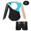 Aislor Kids Girls Shiny Rhinestone Mesh Long Sleeve Gymnastics Leotard Tumbling Bodysuit and Metallic Shorts Hair Band Turquoise&Black 8 Years view 2